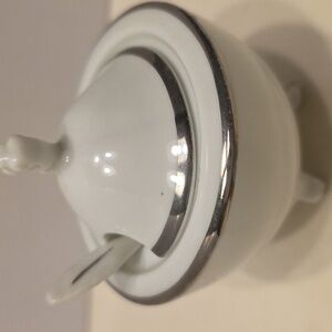 Vintage Fine China Sugar Bowl With Lid And Spoon White With Platinum Rim